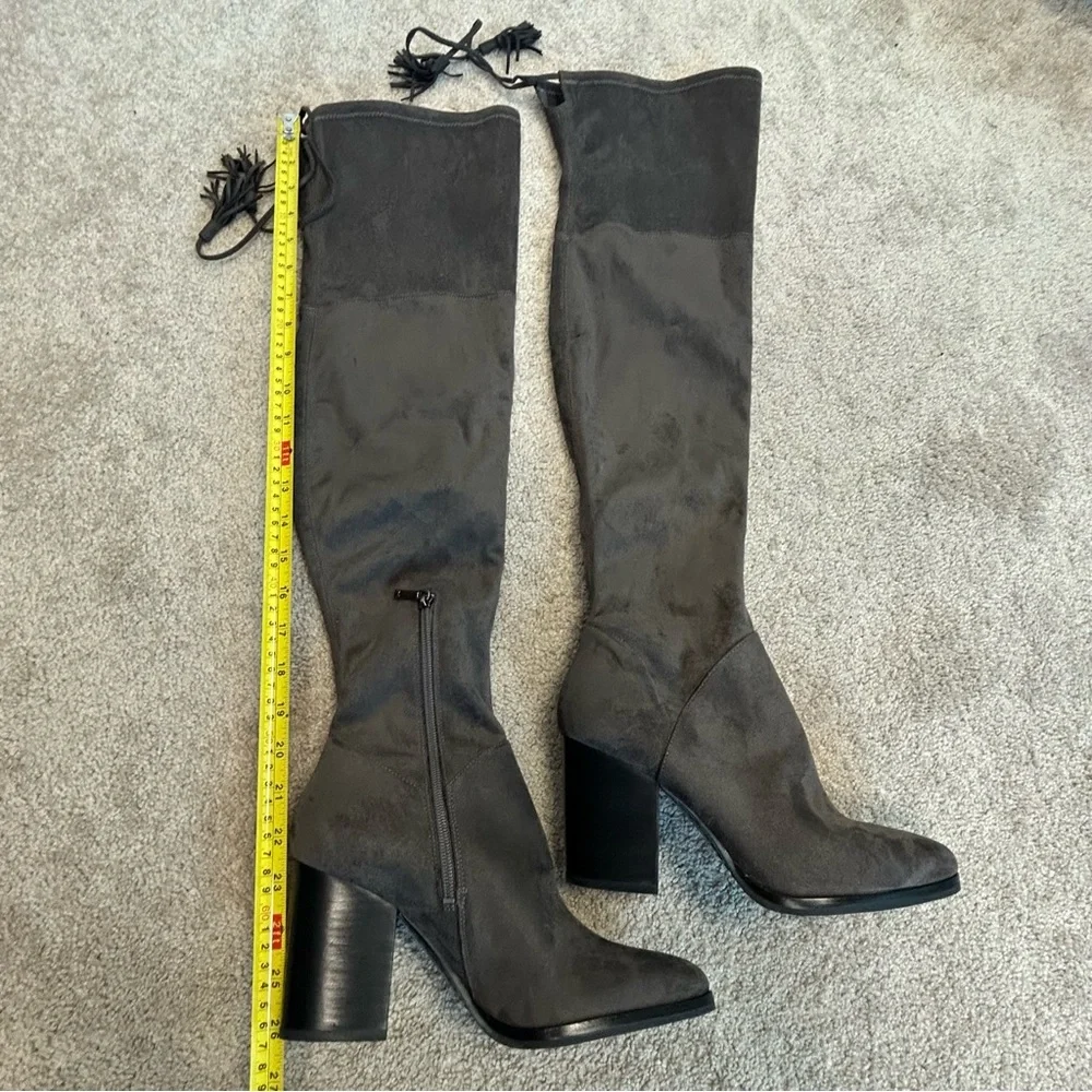 Marc Fisher gray faux suede knee-high over the knee tassel boots chunky heel 9